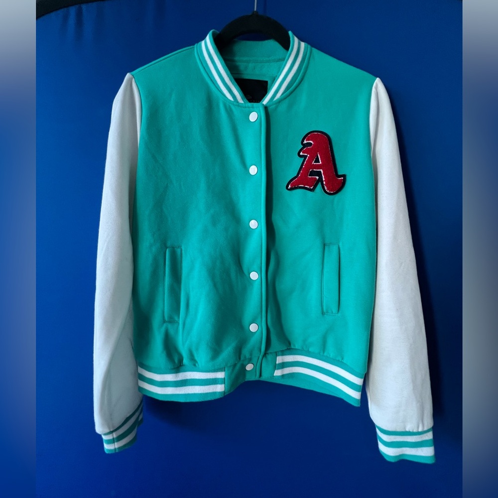 Iris Basic Varsity Jacket - Women’s Size L - Teal & White Letterman Bomber